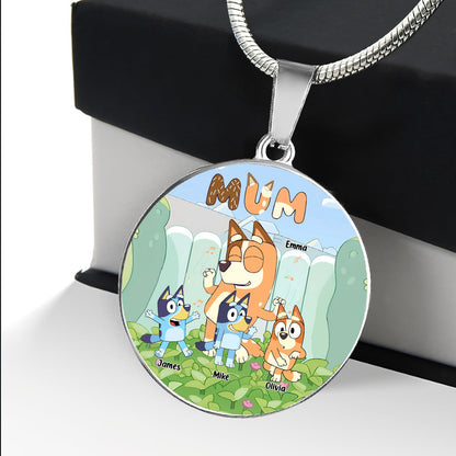 Mum Cute Blue Dog - Personalized Mother Round Pendant Necklace
