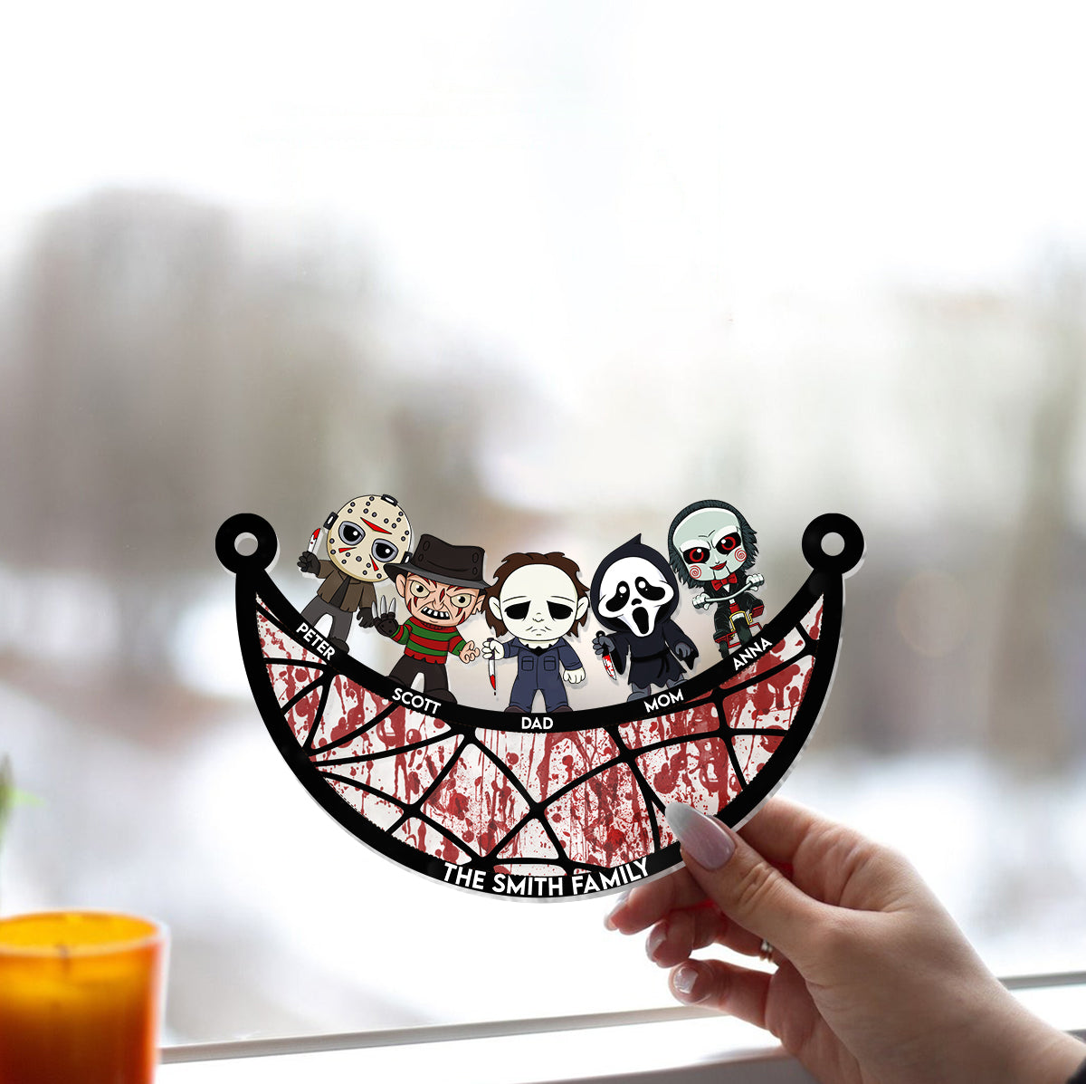 In This House We Love Scary Movies - Personalized Window Hanging Suncatcher Ornament