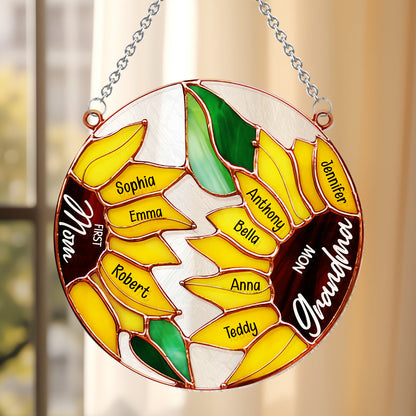 First Mom Now Grandma Sunflower - Personalized Grandma Window Hanging Suncatcher Ornament