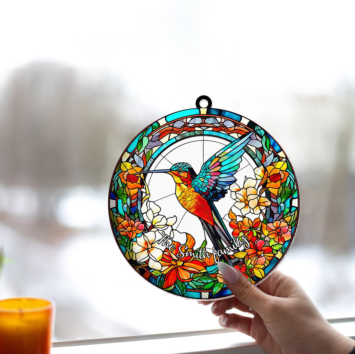 Beautiful Hummingbird Surrounded by Flowers - Personalized Hummingbird Window Hanging Suncatcher Ornament