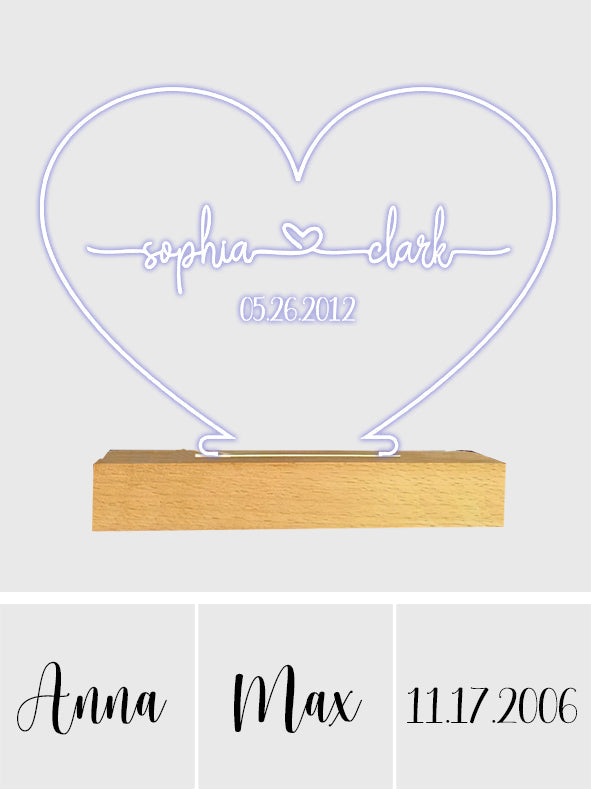 Any Name And Date - Personalized Couple Shaped Plaque Light Base