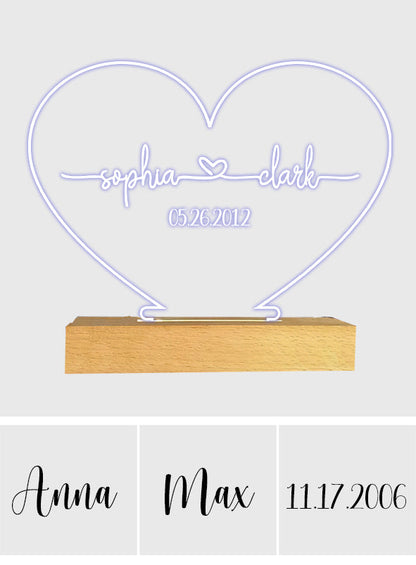 Any Name And Date - Personalized Couple Shaped Plaque Light Base