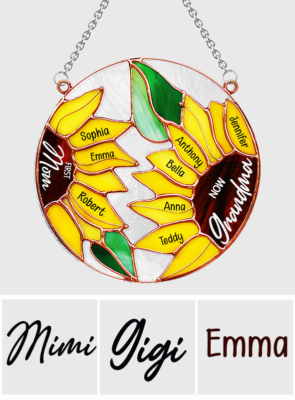 First Mom Now Grandma Sunflower - Personalized Grandma Window Hanging Suncatcher Ornament