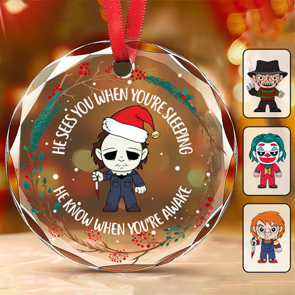 Horror Movies Characters Funny Christmas Ornament - Personalized Round Shaped Glass Ornament