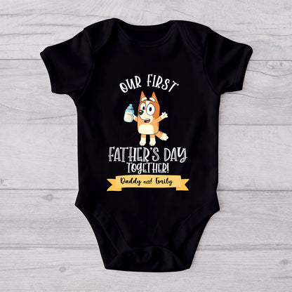Our First Father's Day Mother's Day Together Drink Cool Blue Dog - Personalized Father T-shirt And Baby Onesie
