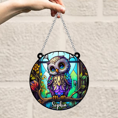 Cute Owl Stained Glass - Personalized Owl Window Hanging Suncatcher Ornament