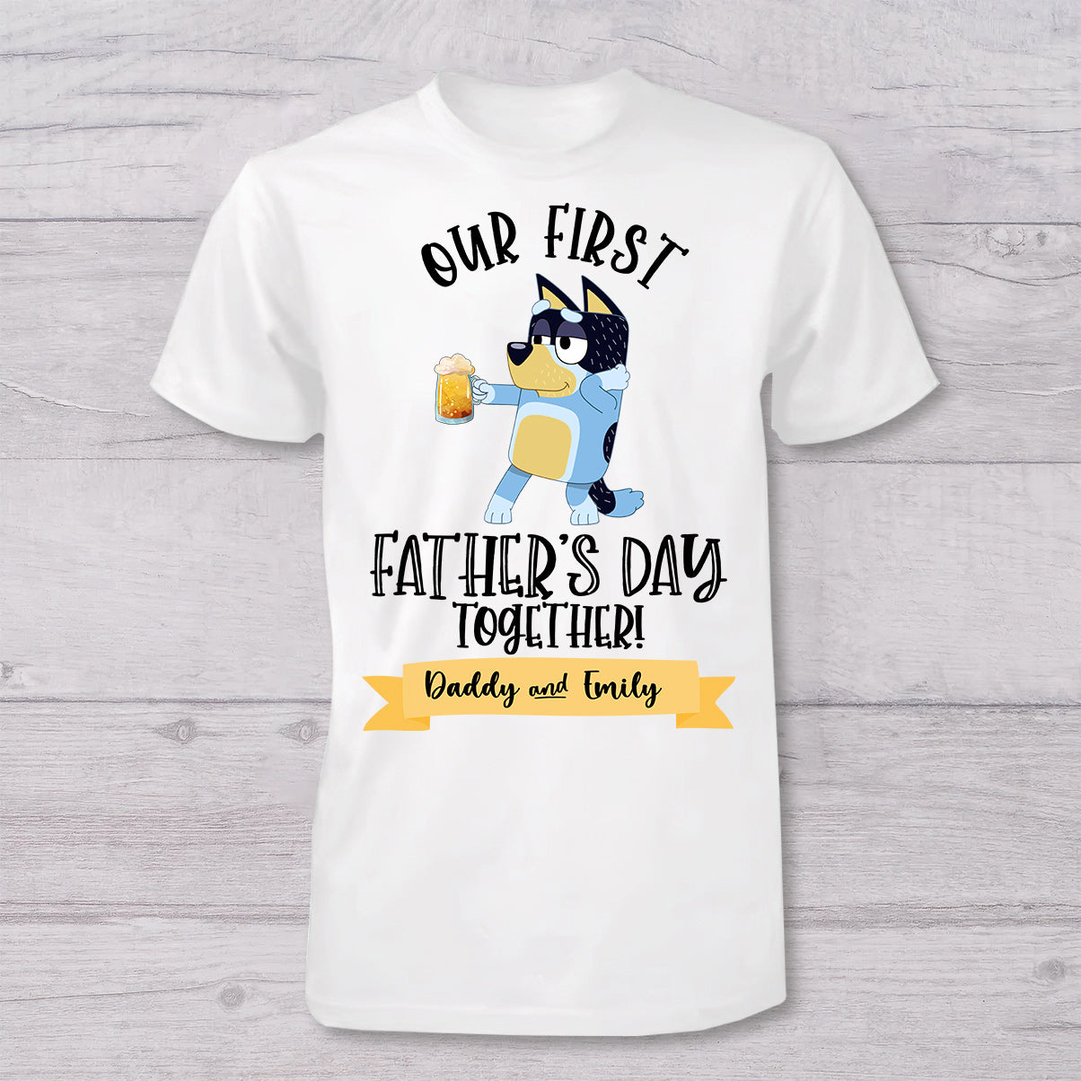 Our First Father's Day Mother's Day Together Drink Cool Blue Dog - Personalized Father T-shirt And Baby Onesie