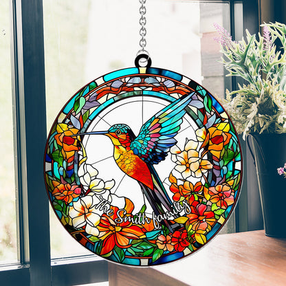 Beautiful Hummingbird Surrounded by Flowers - Personalized Hummingbird Window Hanging Suncatcher Ornament