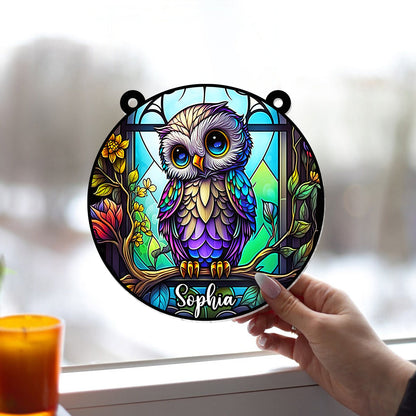 Cute Owl Stained Glass - Personalized Owl Window Hanging Suncatcher Ornament