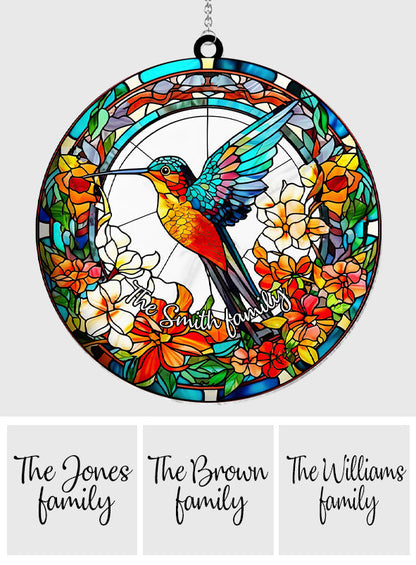 Beautiful Hummingbird Surrounded by Flowers - Personalized Hummingbird Window Hanging Suncatcher Ornament