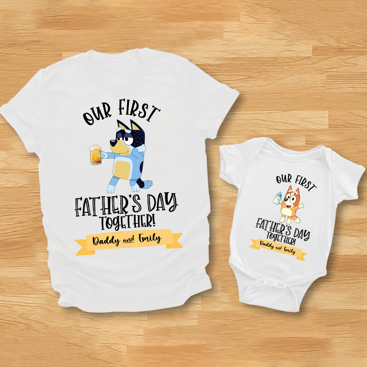 Our First Father's Day Mother's Day Together Drink Cool Blue Dog - Personalized Father T-shirt And Baby Onesie