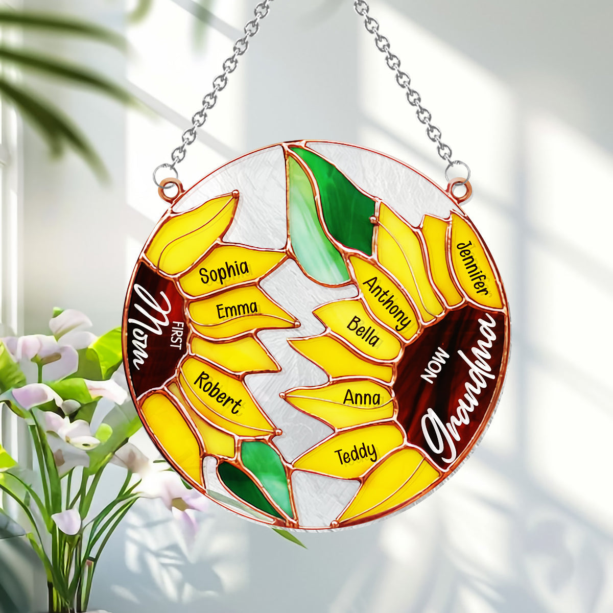 First Mom Now Grandma Sunflower - Personalized Grandma Window Hanging Suncatcher Ornament