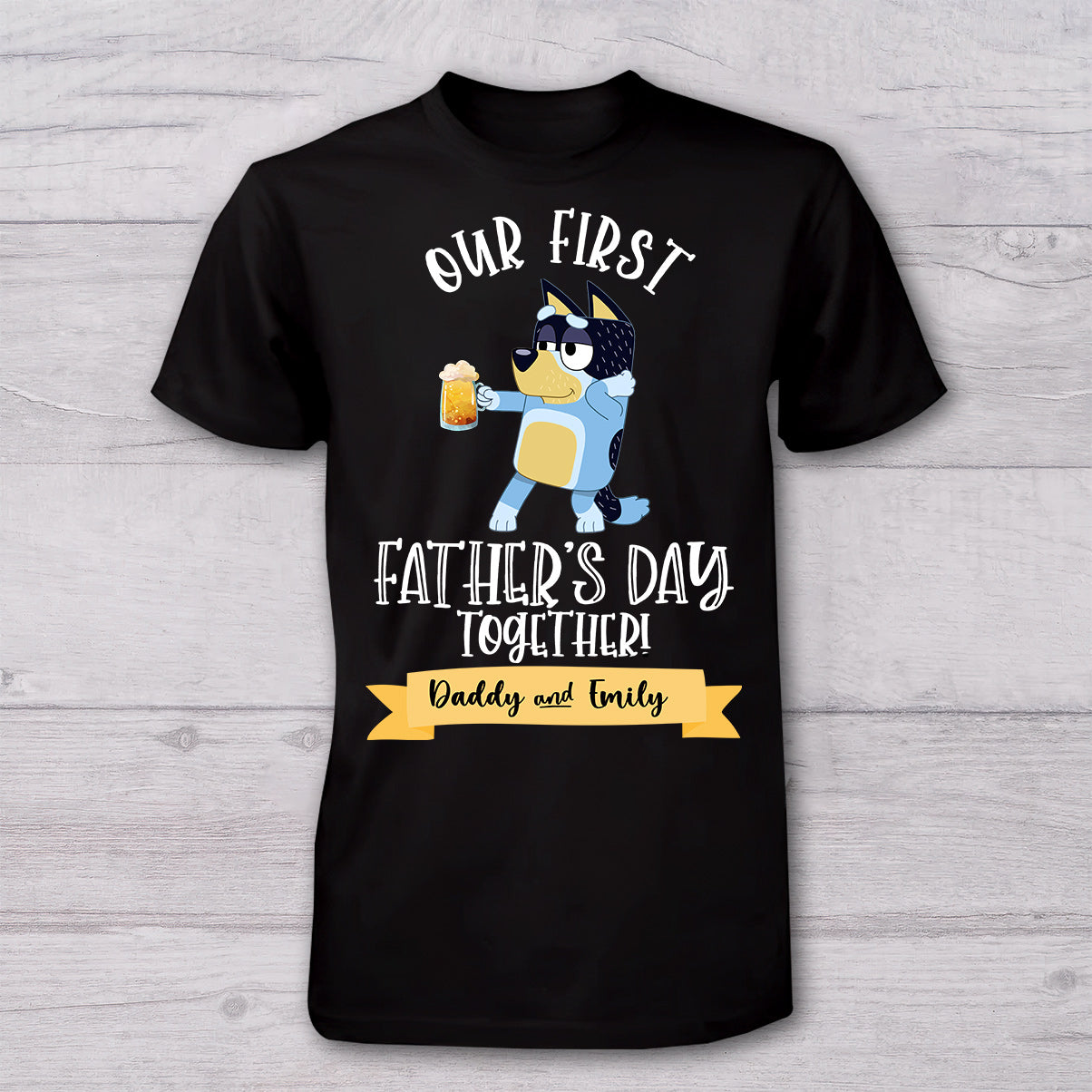 Our First Father's Day Mother's Day Together Drink Cool Blue Dog - Personalized Father T-shirt And Baby Onesie