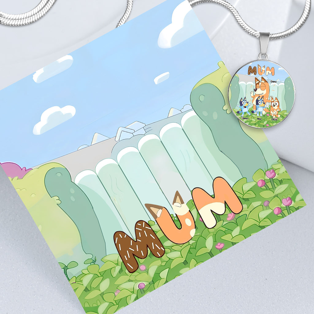 Mum Cute Blue Dog - Personalized Mother Round Pendant Necklace