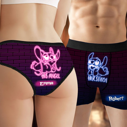 His Angel Her Stitch Ohana Neon Effect - Personalized Ohana Lace Border Women Briefs And Men’s Boxer Briefs