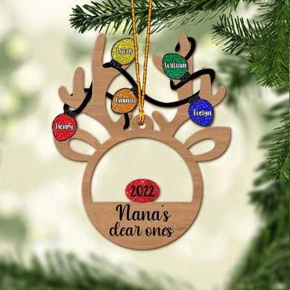 Nana's Dear Ones - Personalized Christmas Grandma Ornament With Faux Glitter Pattern Printed (Printed On Both Sides)
