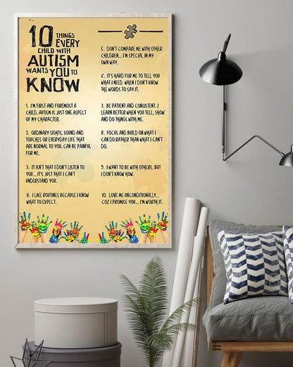 10 Things You Need To Know About Autism - Children Autism Awareness Poster 0921