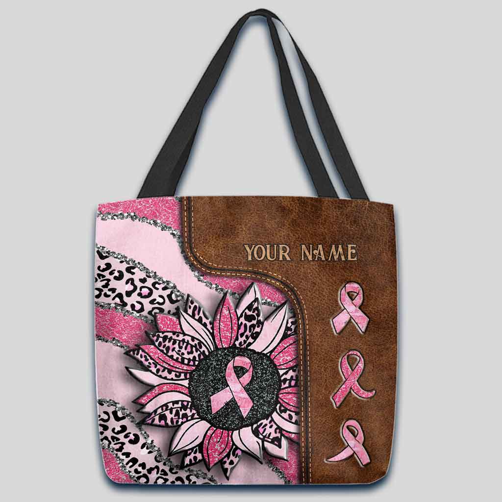 Wavy Pink Ribbon Leopard Sunflower Breast Cancer Awareness Personalized Tote Bag