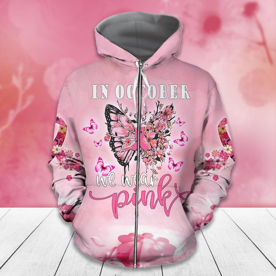 We Wear Pink Butterfly Breast Cancer Awareness All Over T-shirt and Hoodie