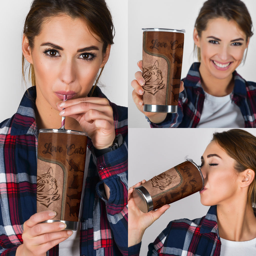 Love Cats Leather Pattern Print Cat Tumbler 0622