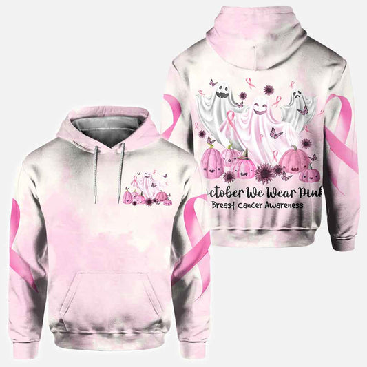 Boo in October We Wear Pink Breast Cancer Awareness All Over T-shirt and Hoodie