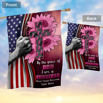 By The Grace Of God I'm A Survivor - Personalized Breast Cancer Awareness House Flag