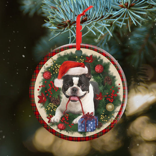 Boston Terrier Red Christmas Wreath - Dog Ornament (Printed On Both Sides) 1122
