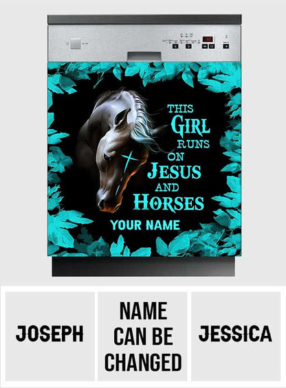 This Girl Runs On Jesus And Horse - Personalized Horse Dishwasher Cover