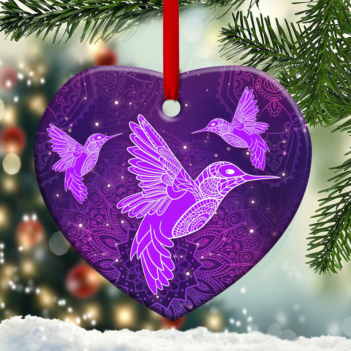 Hummingbird Purple Mandala Style Hummingbird - Heart Aluminium Ornament (Printed On Both Sides) 1122