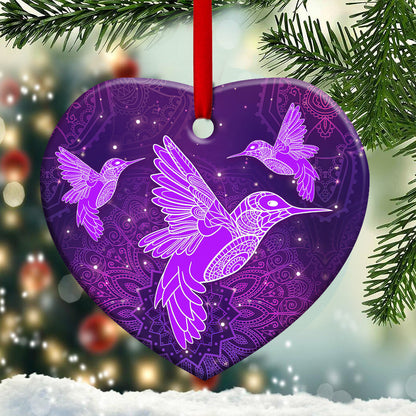 Hummingbird Purple Mandala Style Hummingbird - Heart Aluminium Ornament (Printed On Both Sides) 1122