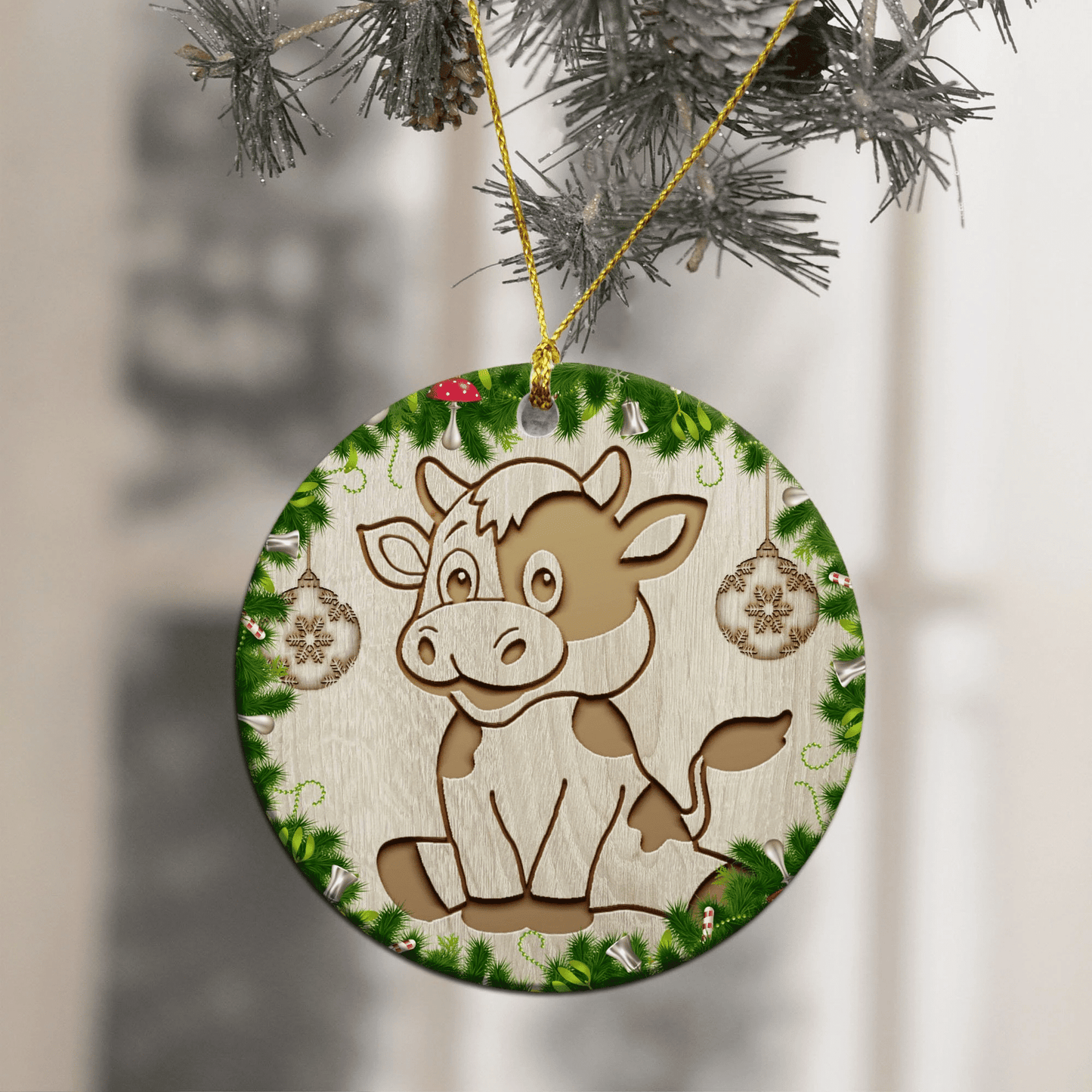 Cute Cow Green Wreath - Cow Ornament (Printed On Both Sides) 1122