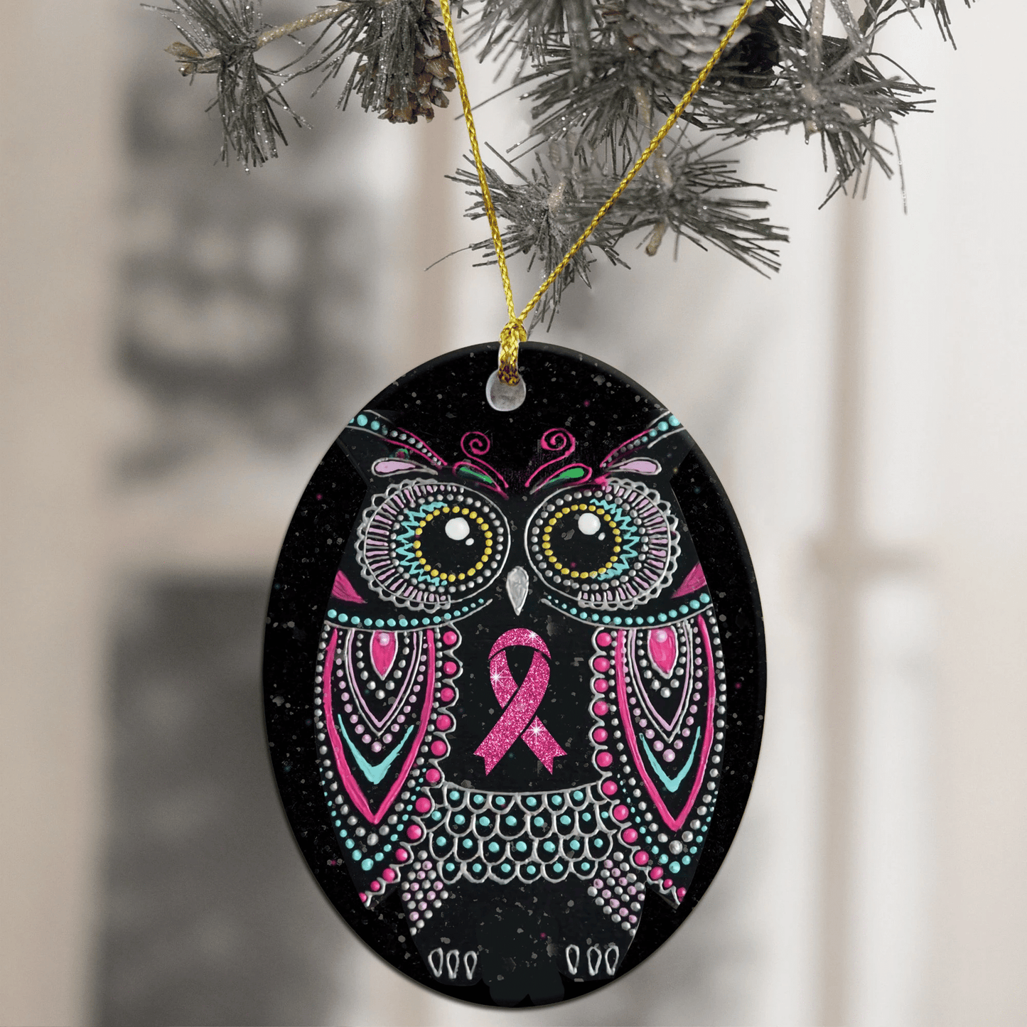 Owl Pink Ribbon - Owl Ornament (Printed On Both Sides) 1122