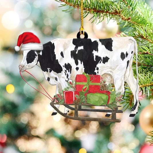 Cow With Gift Sleigh - Cow Ornament (Printed On Both Sides) 1122