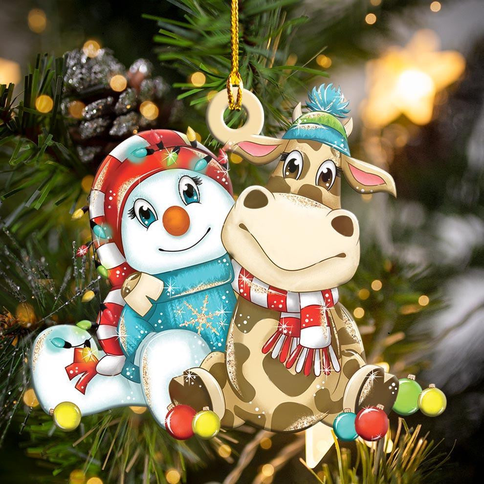 Lovely Cow And Snowman - Cow Ornament (Printed On Both Sides) 1122