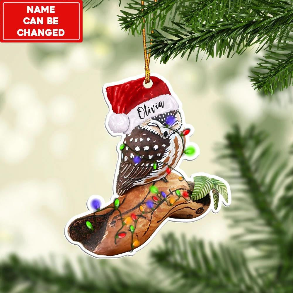 Owl Wearing Christmas Hat - Personalized Owl Ornament (Printed On Both Sides) 1122