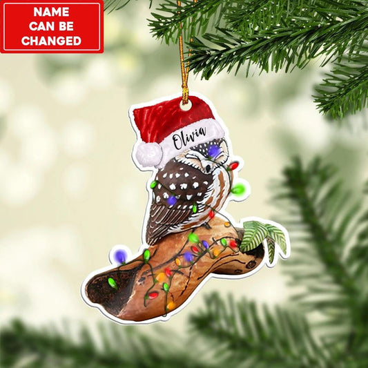Owl Wearing Christmas Hat - Personalized Owl Ornament (Printed On Both Sides) 1122
