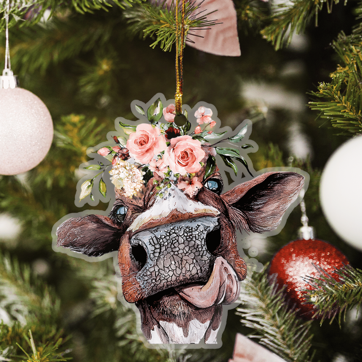 Cow And Flower - Cow Ornament (Printed On Both Sides) 1022