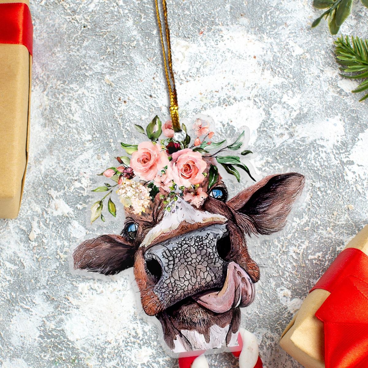 Cow And Flower - Cow Ornament (Printed On Both Sides) 1022