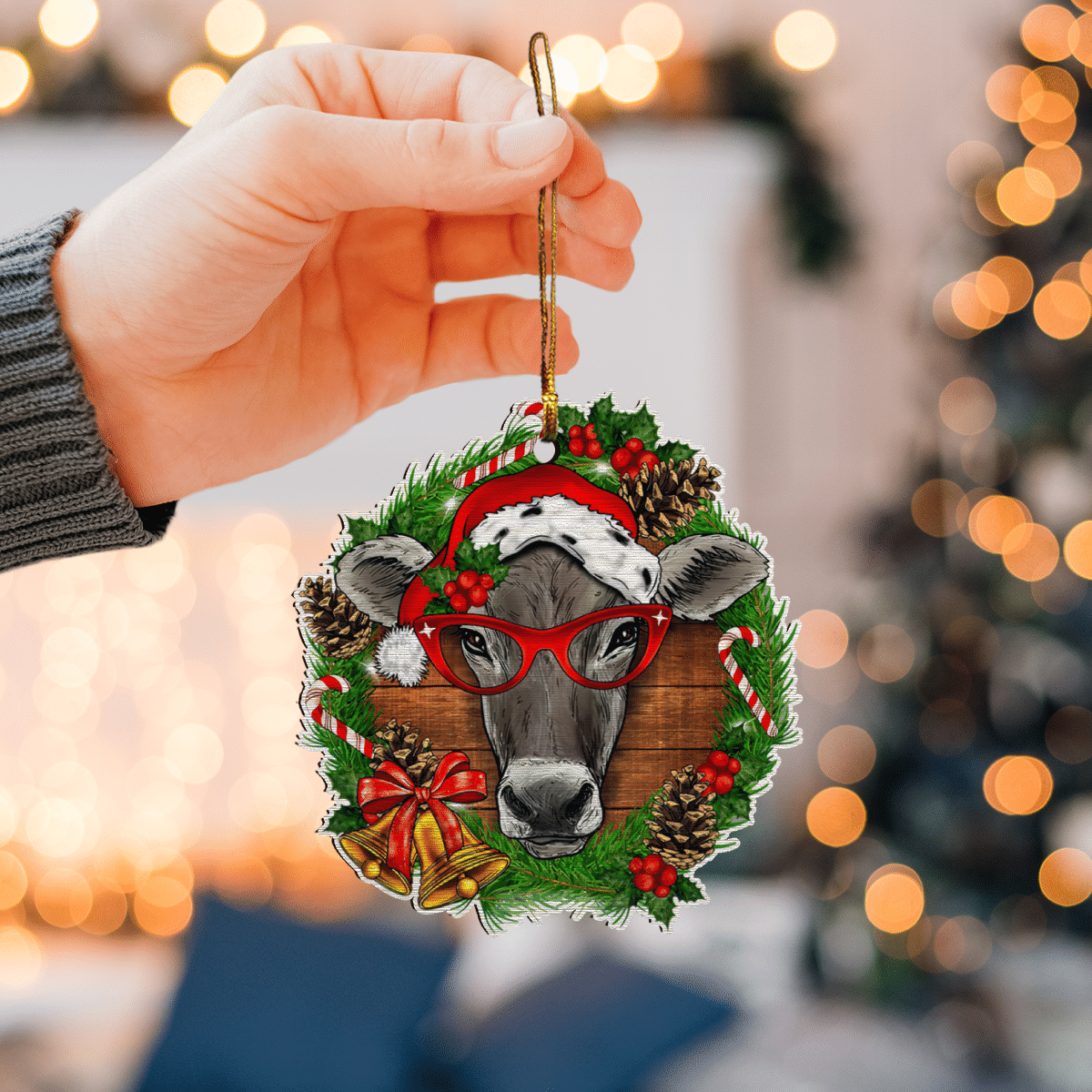Heifer Christmas Wreath - Cow Ornament (Printed On Both Sides) 1022