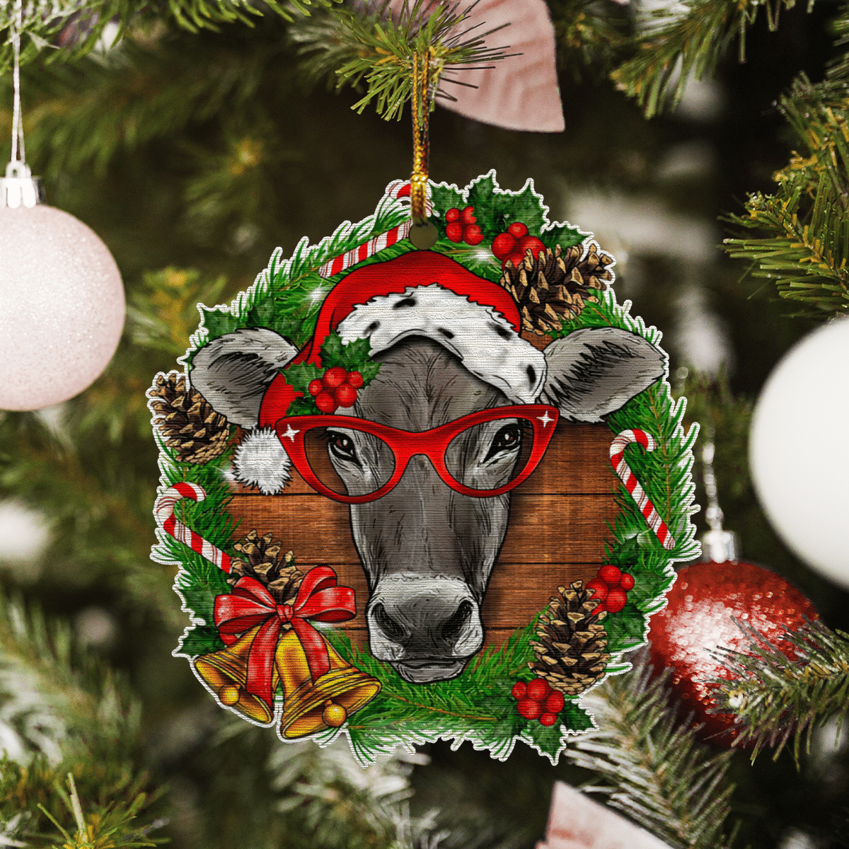 Heifer Christmas Wreath - Cow Ornament (Printed On Both Sides) 1022