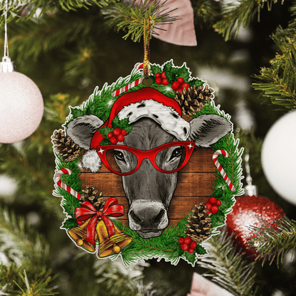 Heifer Christmas Wreath - Cow Ornament (Printed On Both Sides) 1022