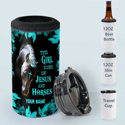 This Girl Runs On Jesus And Horse - Personalized Horse Can Cooler