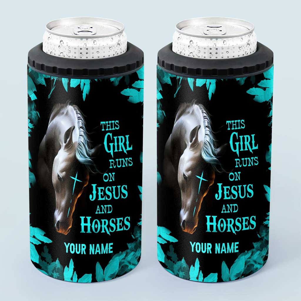 This Girl Runs On Jesus And Horse - Personalized Horse Can Cooler