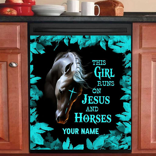 This Girl Runs On Jesus And Horse - Personalized Horse Dishwasher Cover