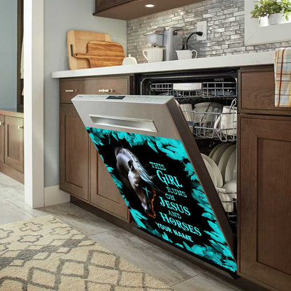 This Girl Runs On Jesus And Horse - Personalized Horse Dishwasher Cover