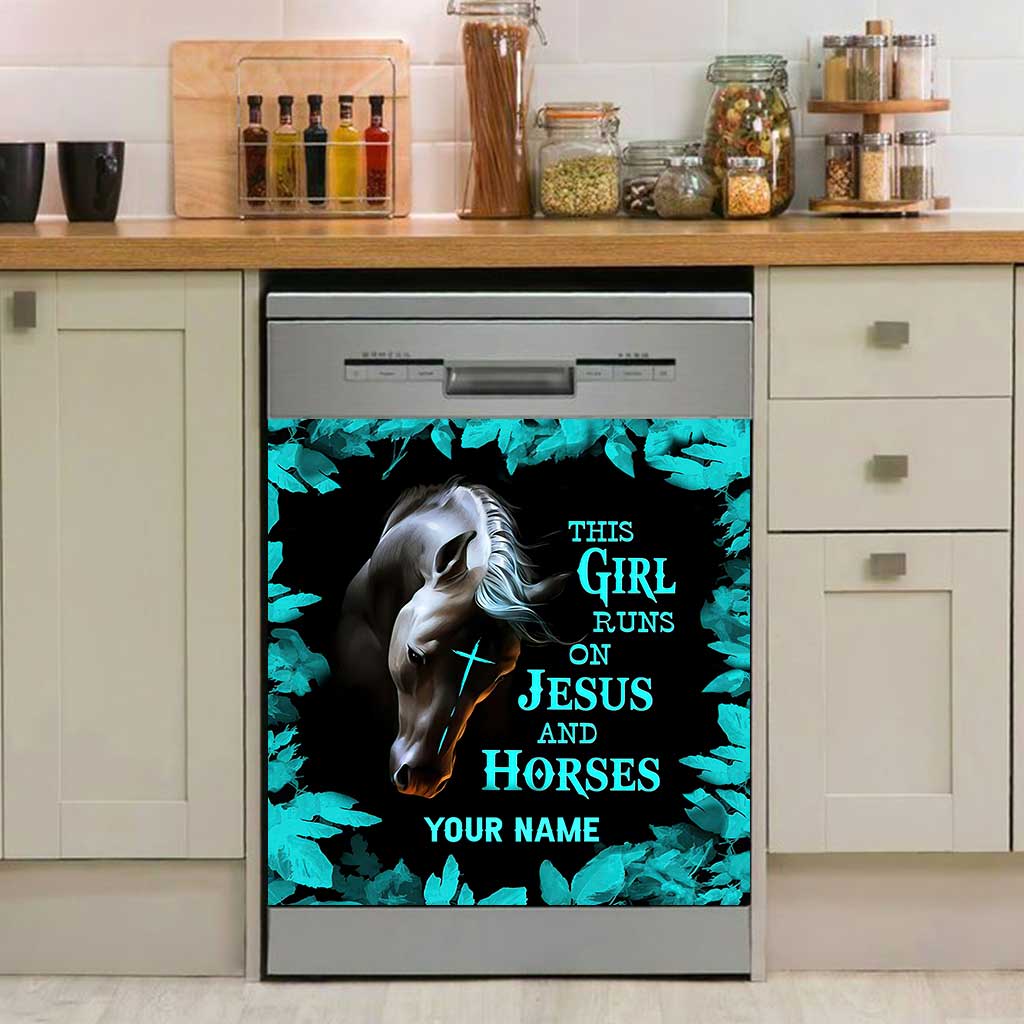 This Girl Runs On Jesus And Horse - Personalized Horse Dishwasher Cover