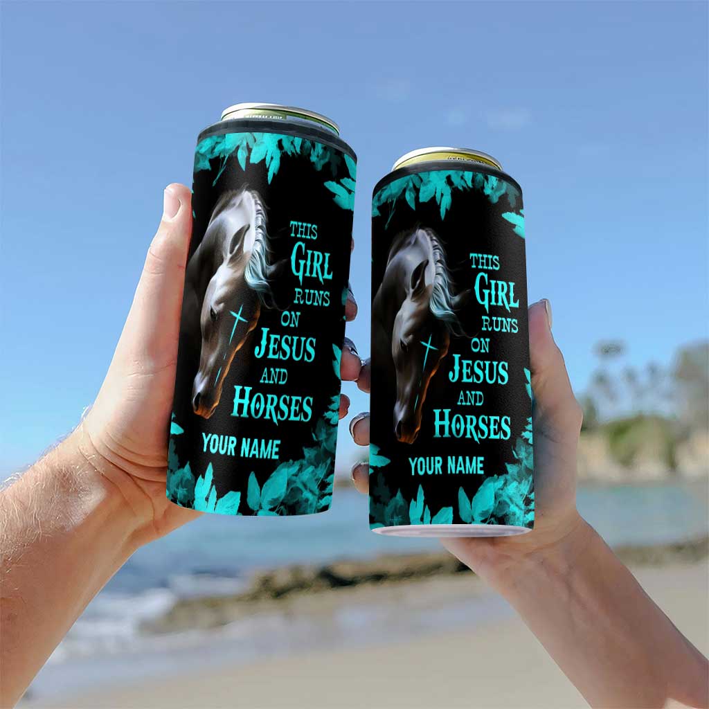 This Girl Runs On Jesus And Horse - Personalized Horse Can Cooler