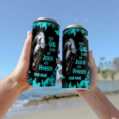 This Girl Runs On Jesus And Horse - Personalized Horse Can Cooler