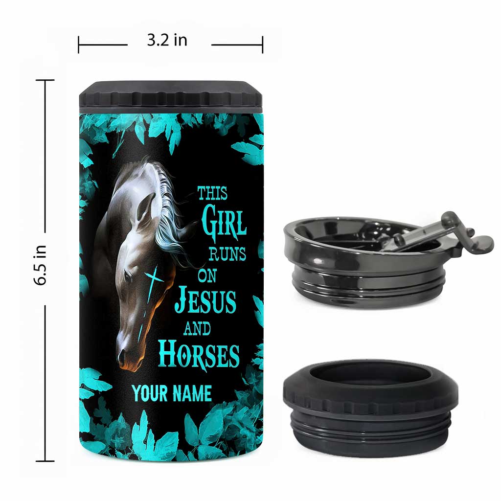 This Girl Runs On Jesus And Horse - Personalized Horse Can Cooler