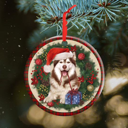 Husky Red Christmas Wreath - Dog Ornament (Printed On Both Sides) 1122